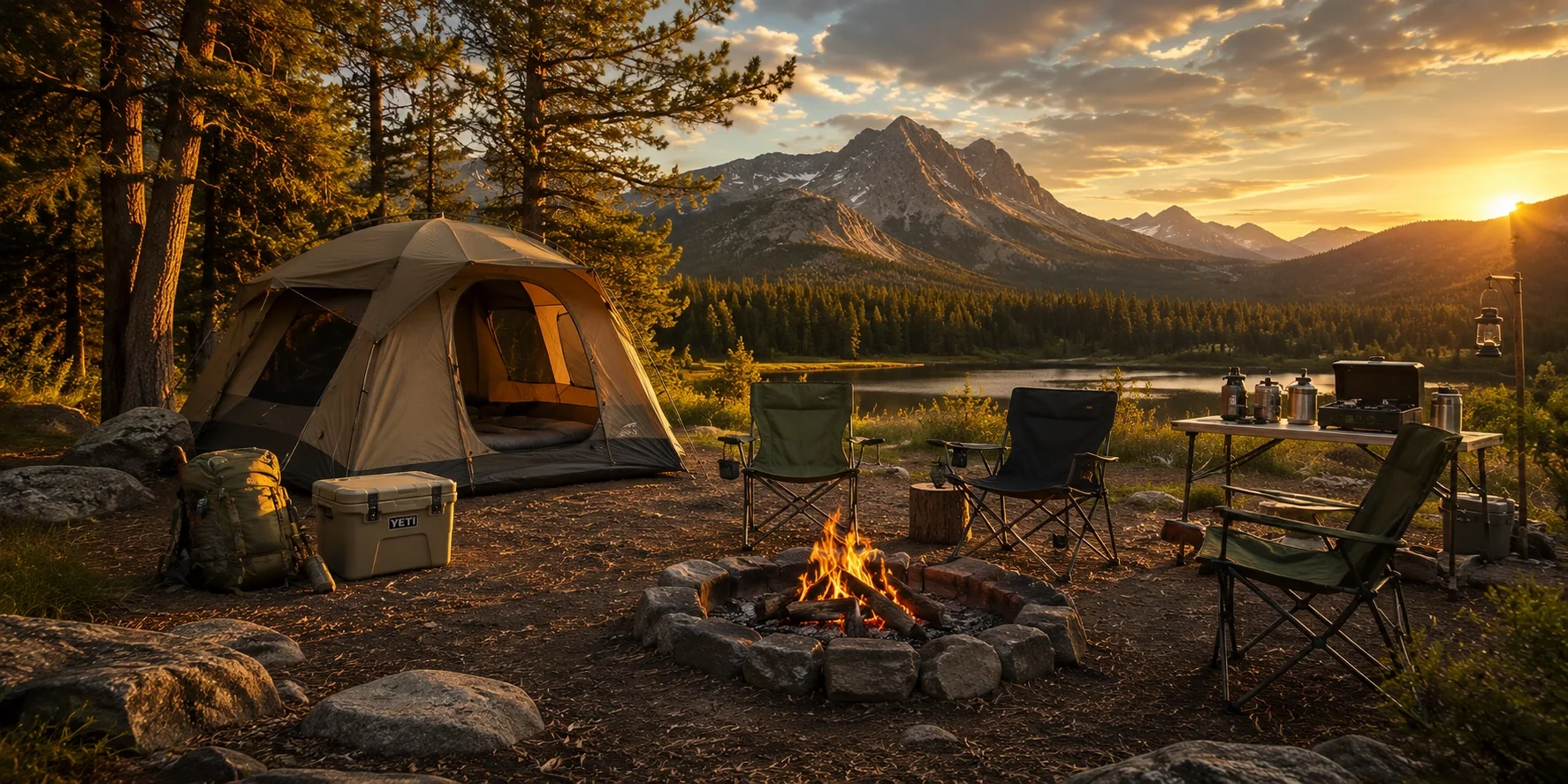 Wide angle view of a well-organized campsite at sunset representing the CampLifeEssentials approach to camping