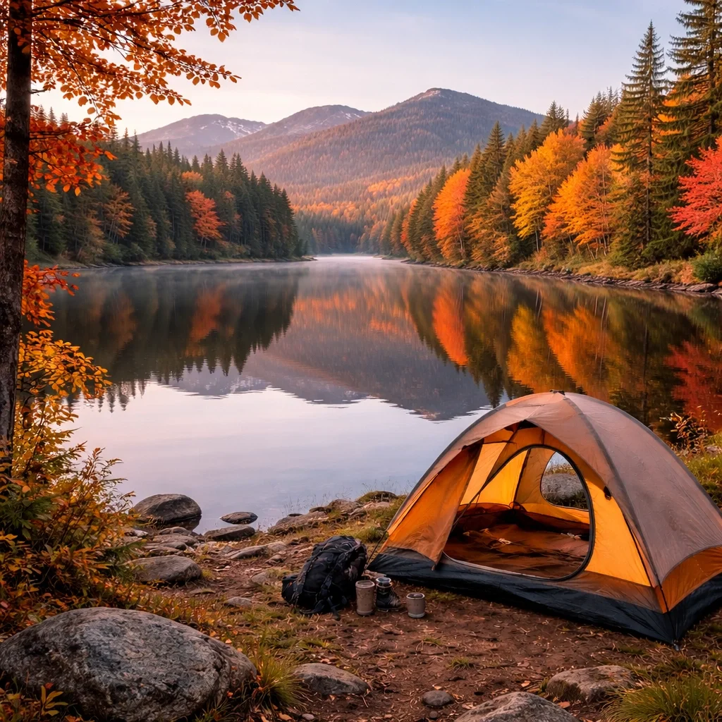 Adirondack Mountains camping with reflective lake and pine forest