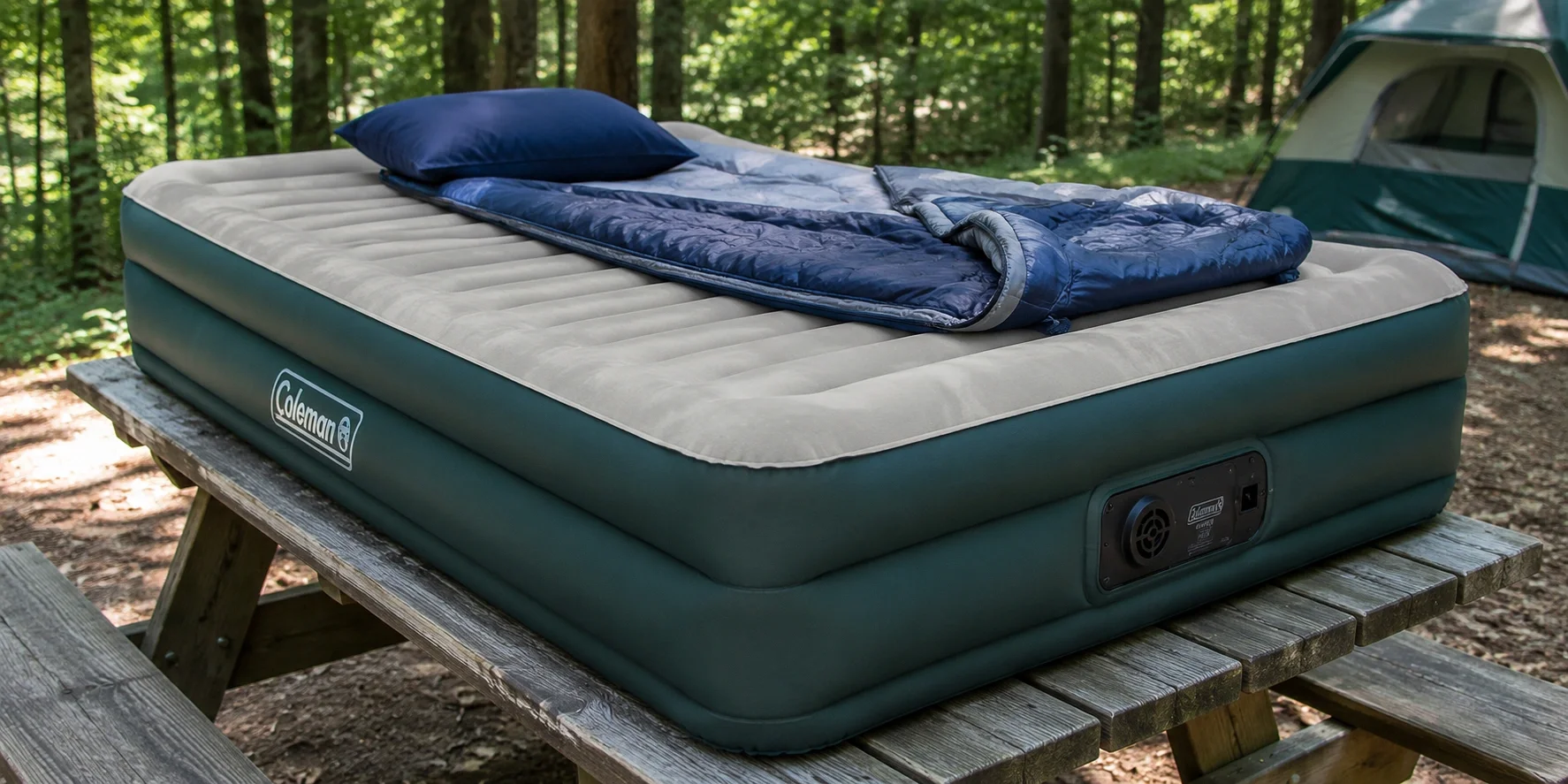 Inflatable air mattress camping bed with built-in pump