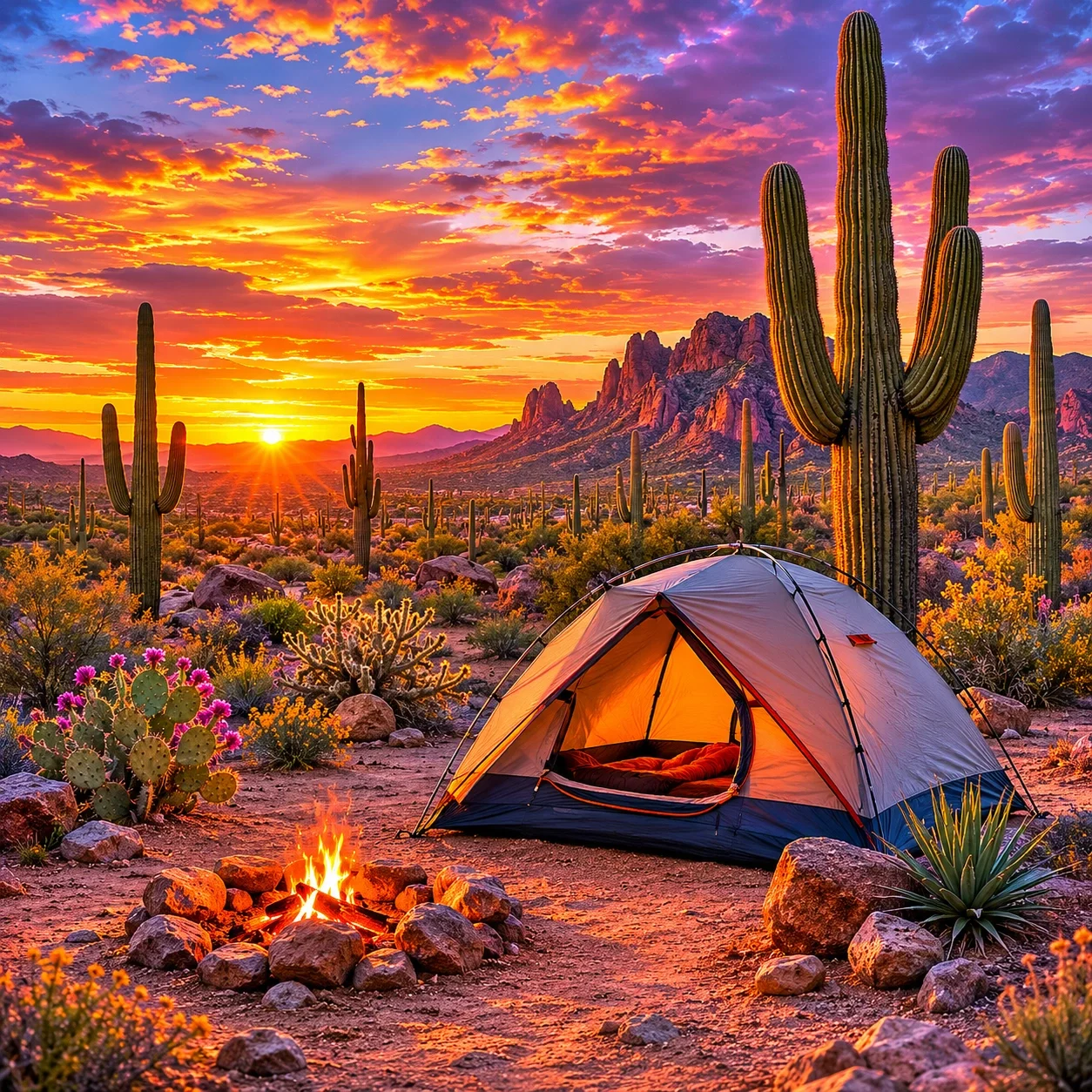Arizona desert camping with saguaro cacti and colorful sunset sky