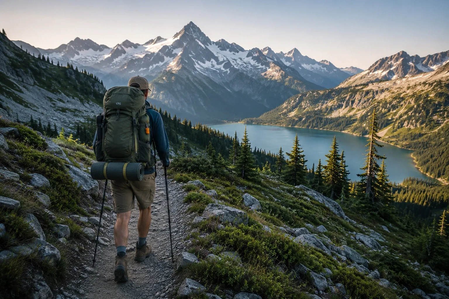 Backpacker hiking through mountain trail with full backpack, heading toward remote campsite