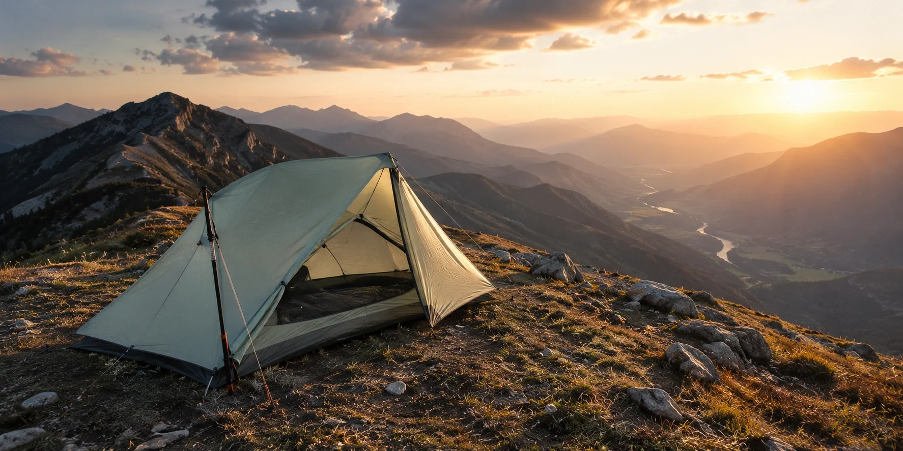 Ultralight backpacking tent pitched on a mountain ridge
