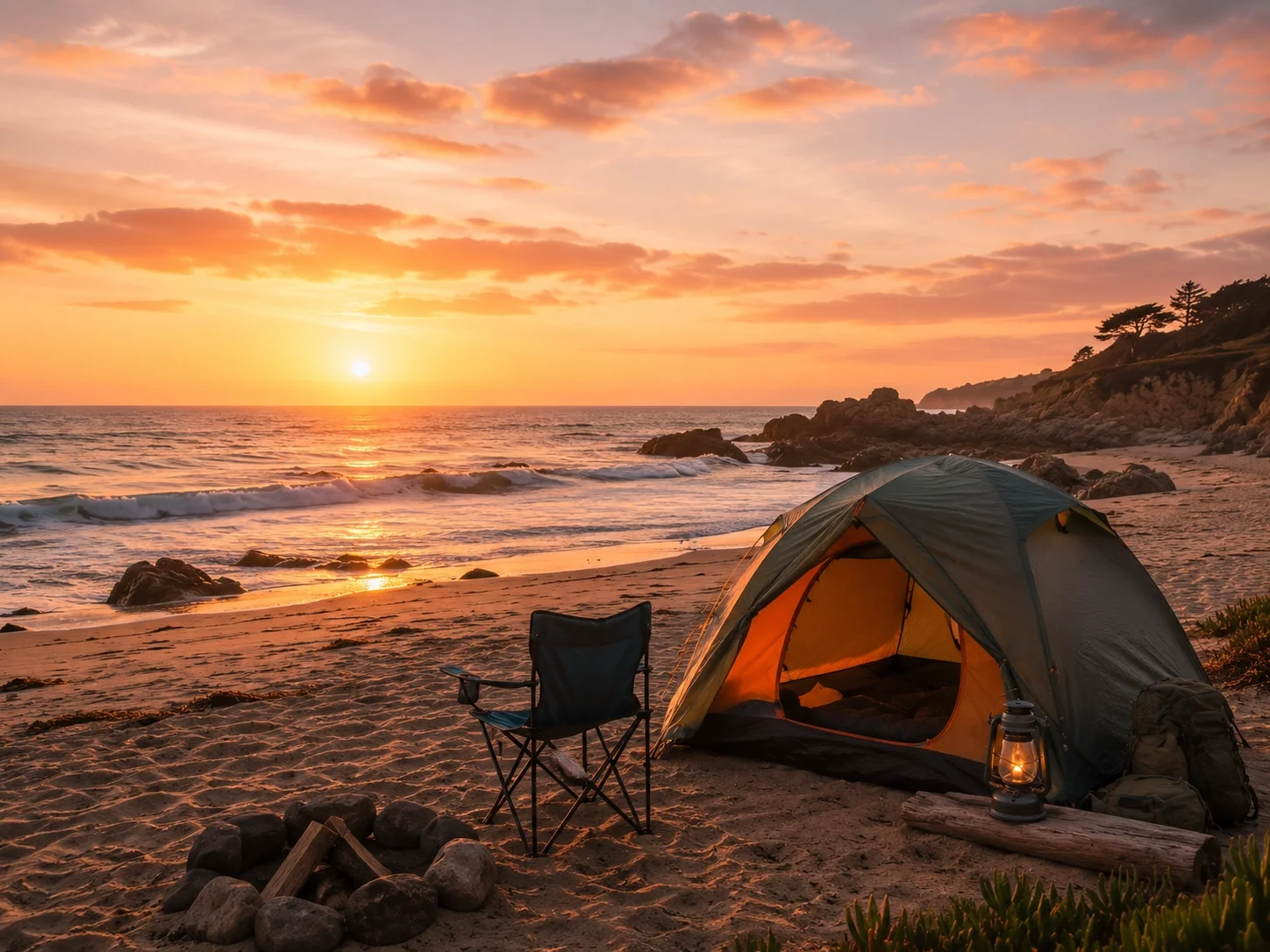 Beach camping with tent setup on sandy shore at golden hour