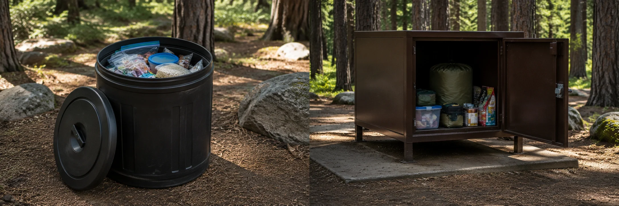 Bear-proof food storage methods including bear canister and food locker at campground