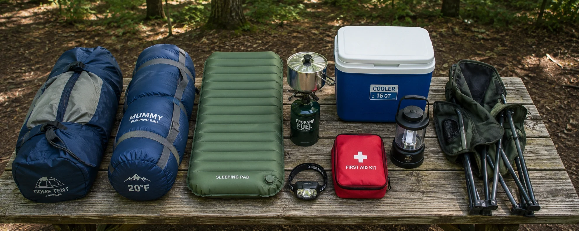 All essential beginner camping gear laid out on a table including tent, sleeping bag, stove, cooler, and lantern