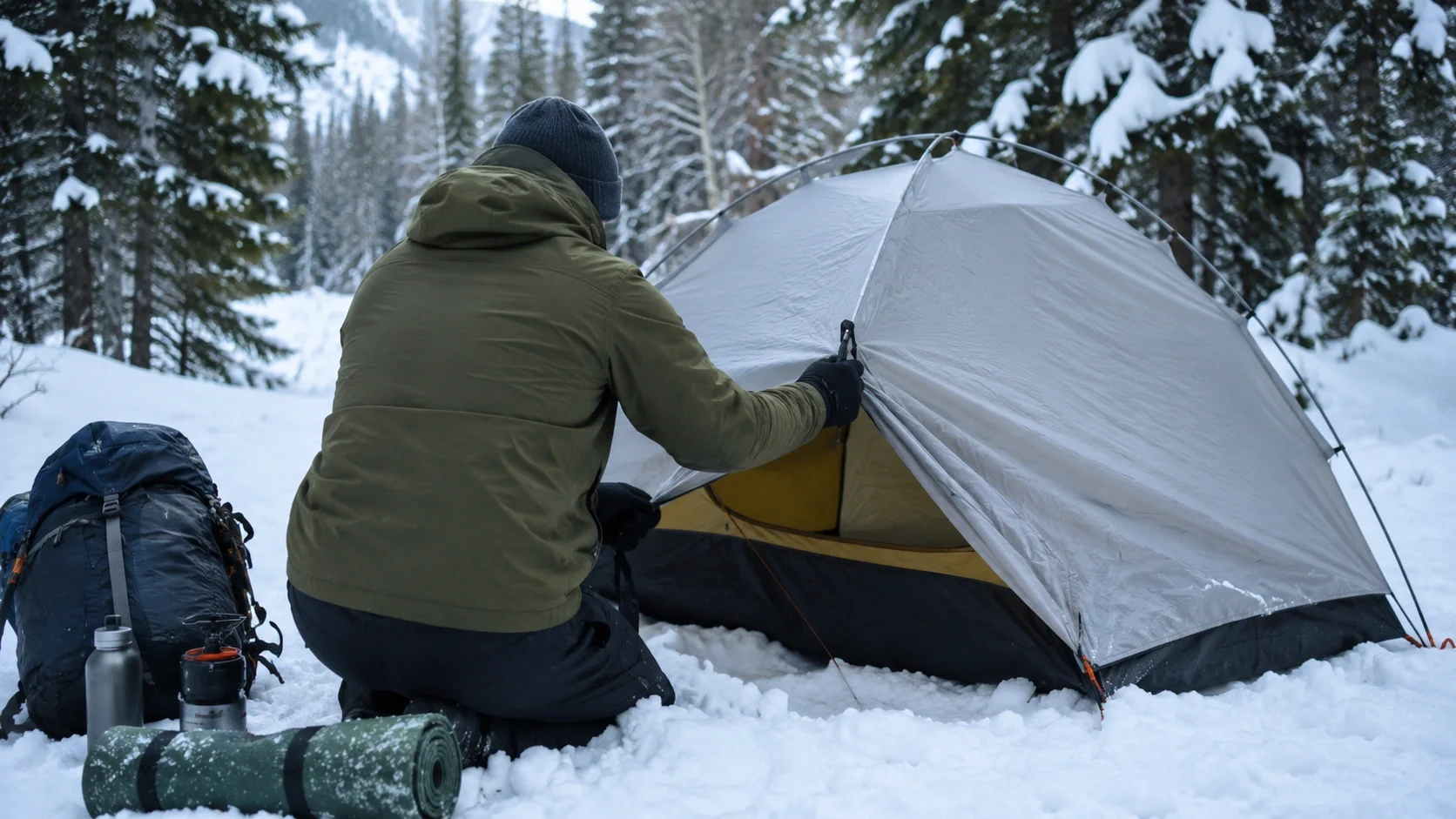 Beginner winter camper setting up tent for first snow camping experience