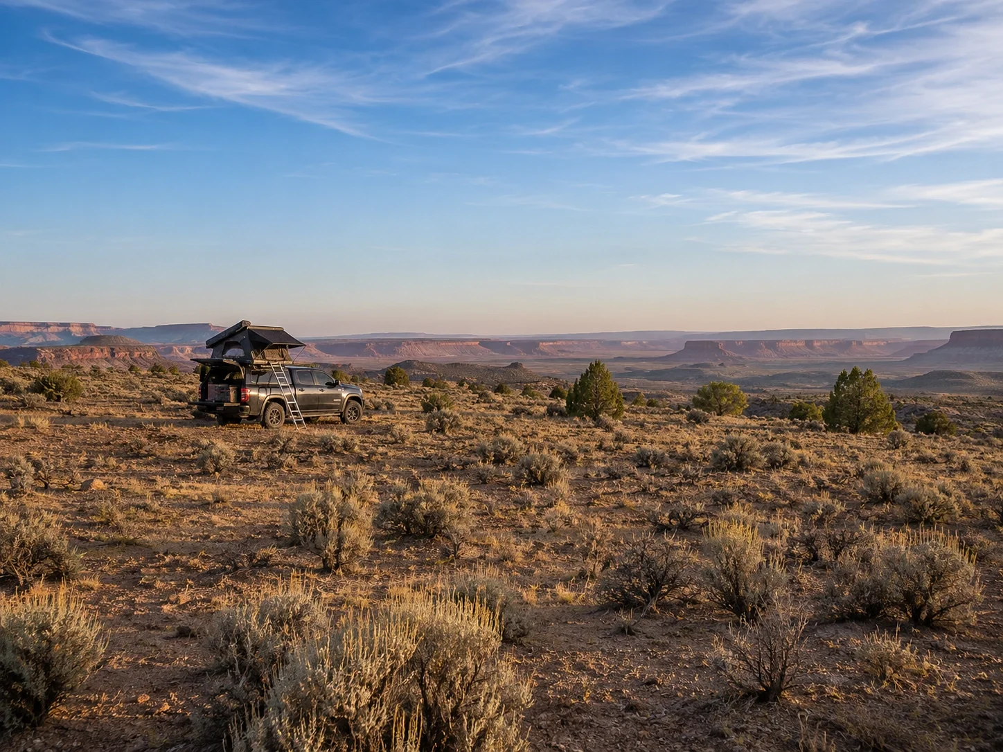 Remote dispersed camping on BLM land with wide open desert landscape
