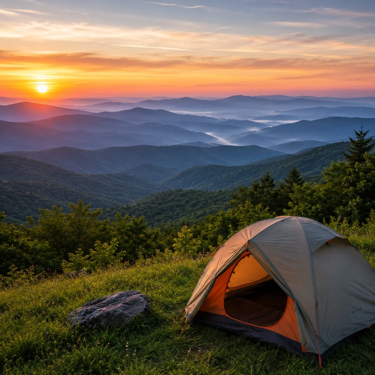Blue Ridge Parkway camping with layered mountain ridges at sunrise