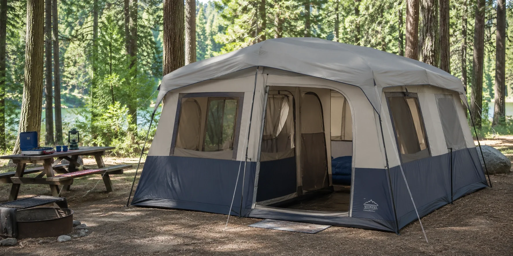 Large cabin tent with vertical walls at a family campsite