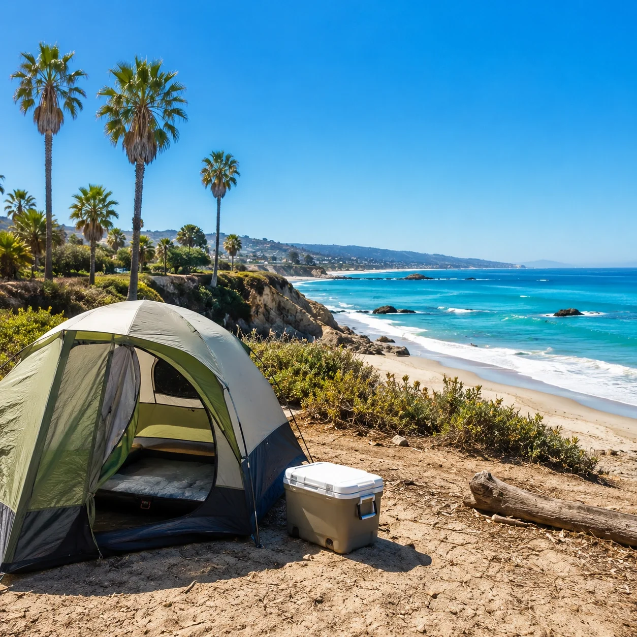 California beach camping site with ocean view and palm trees