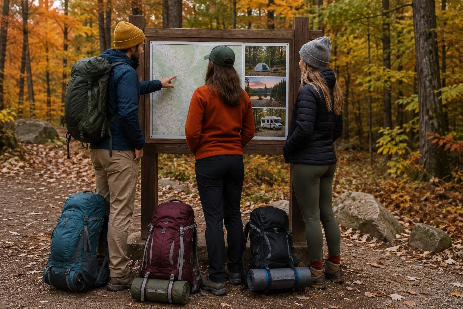 Group of campers at a trailhead deciding which camping style suits their trip best