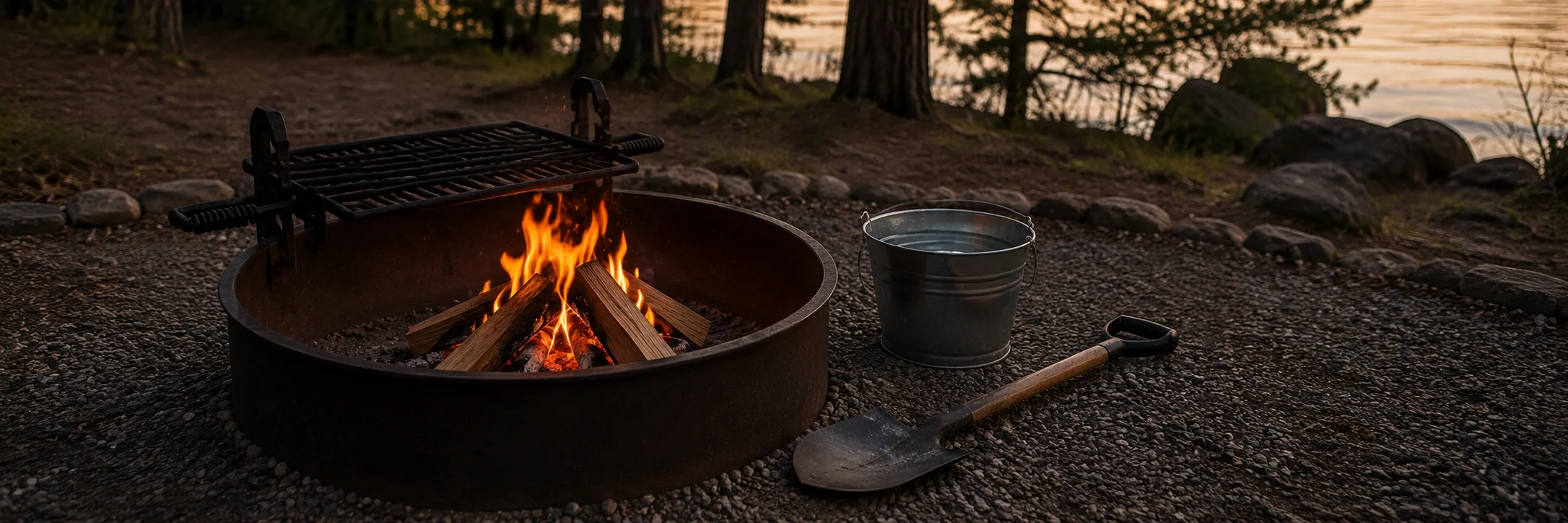 Properly built campfire in designated fire ring with water bucket and shovel nearby