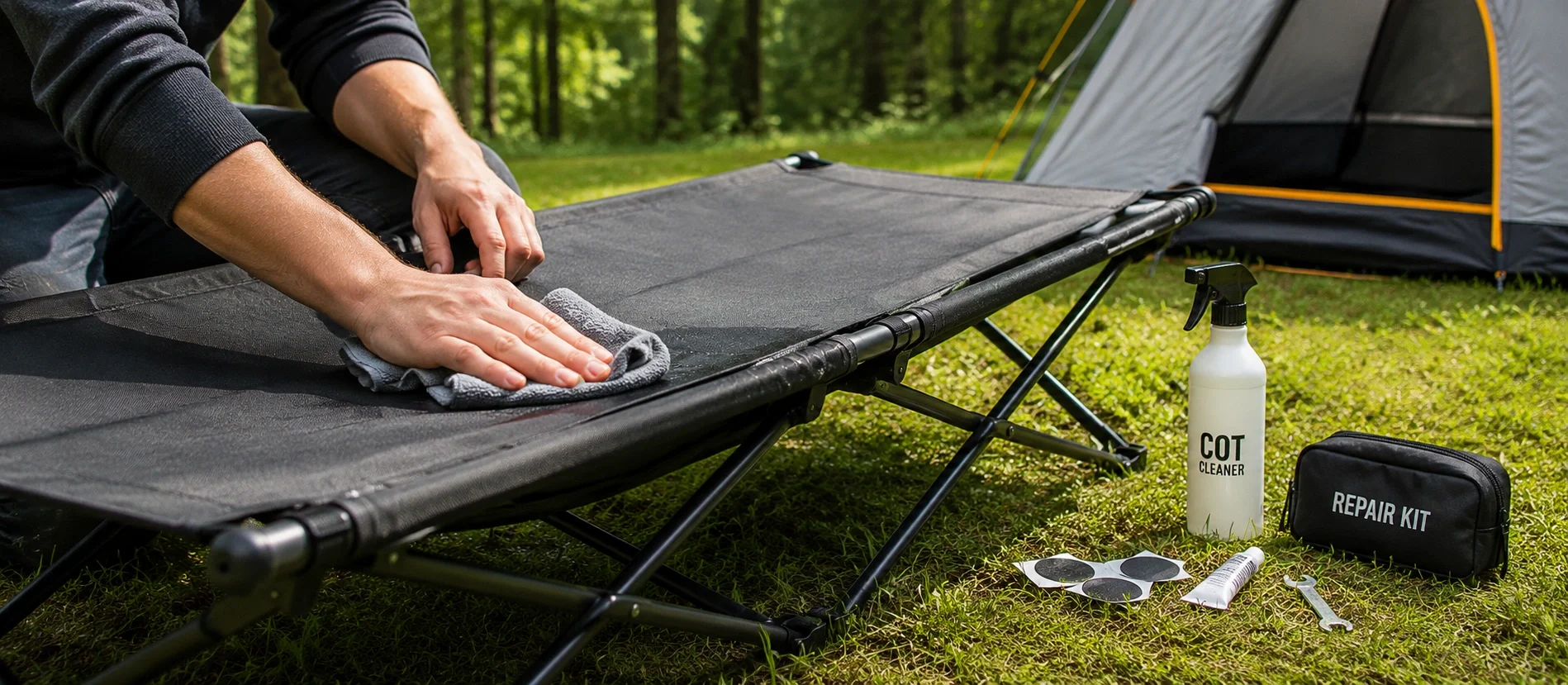 Person maintaining and cleaning a camping cot bed at a campsite