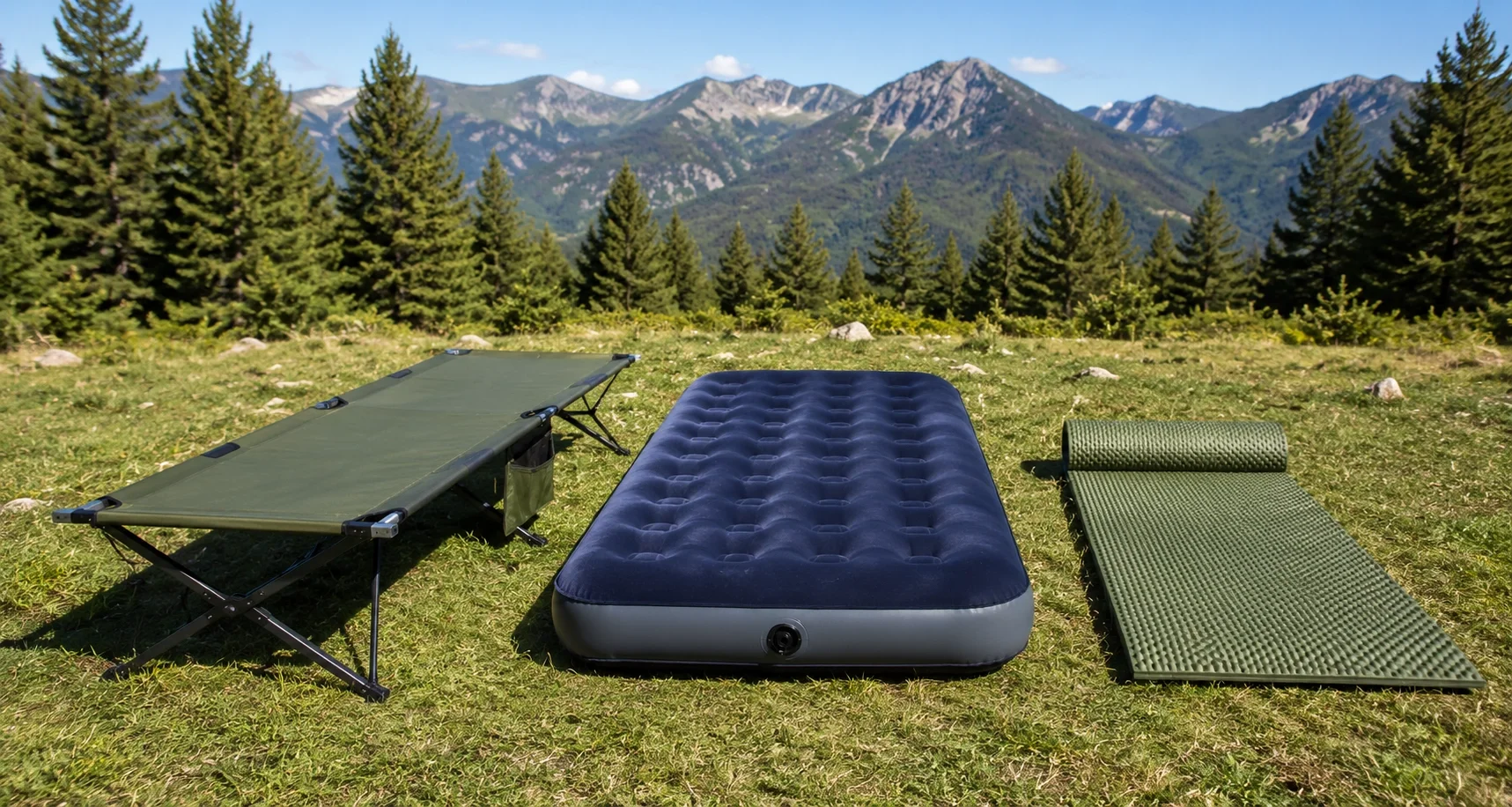 Different types of camping beds laid out for comparison including cot, air mattress, and foam bed
