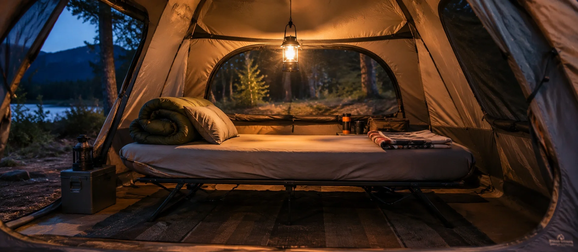 Camping bed set up inside a spacious tent with sleeping bag and pillow arranged