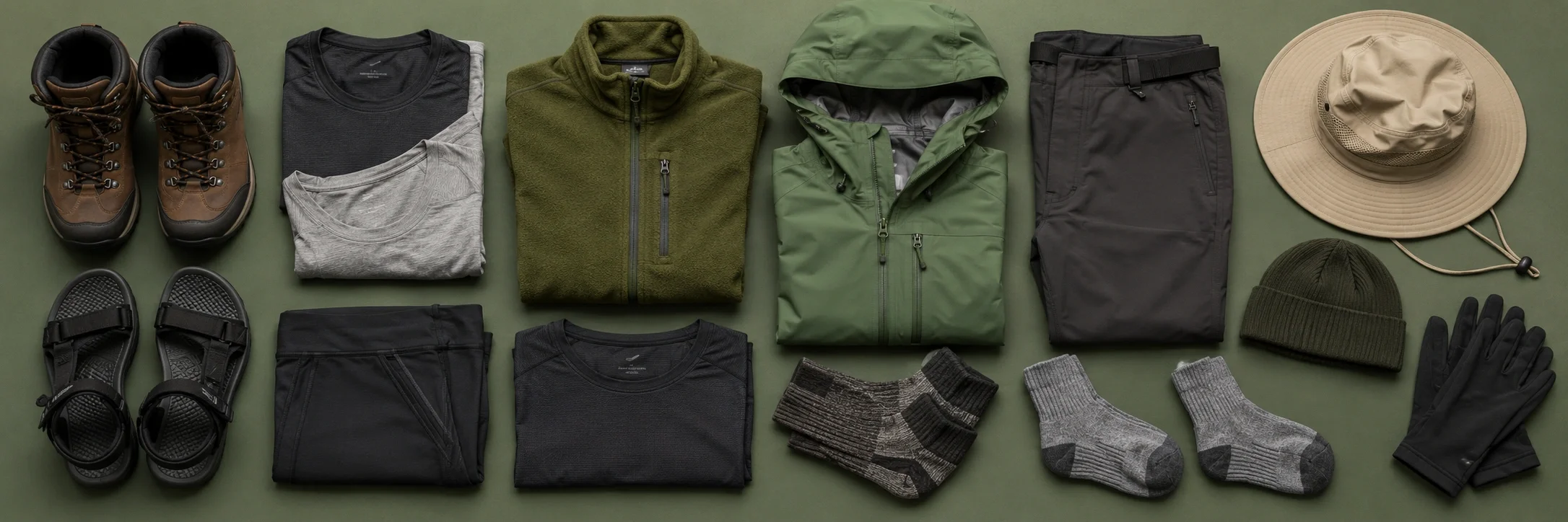 Camping clothing and footwear arranged for packing including layers boots and rain gear