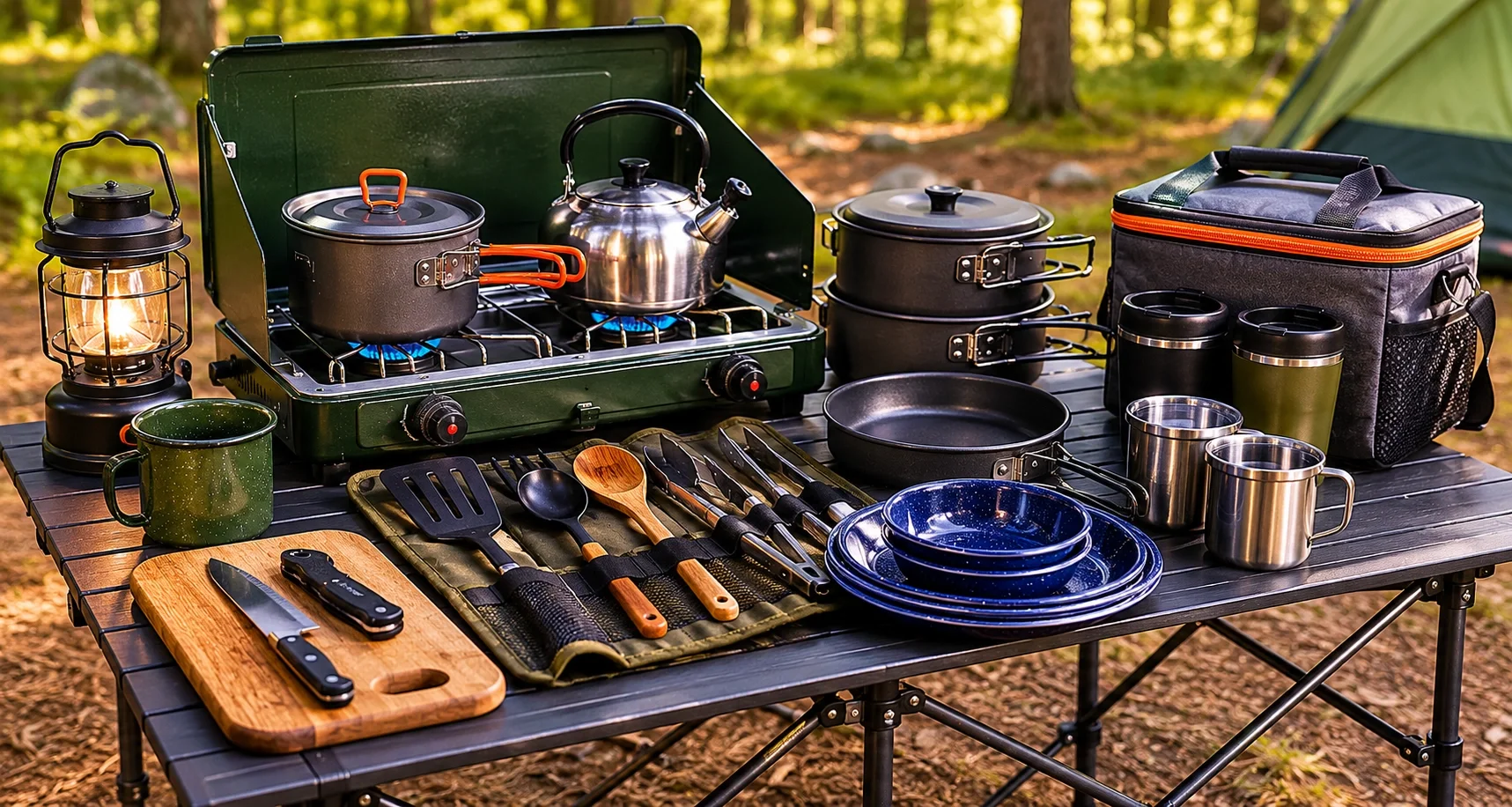 Camp cooking gear including stove cookware utensils and cooler arranged on a camp table