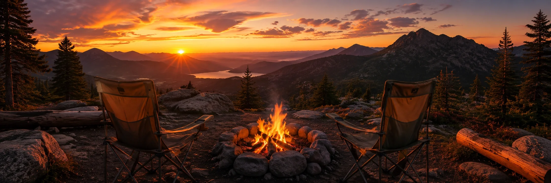 Campers enjoying sunset campfire at a scenic camping destination