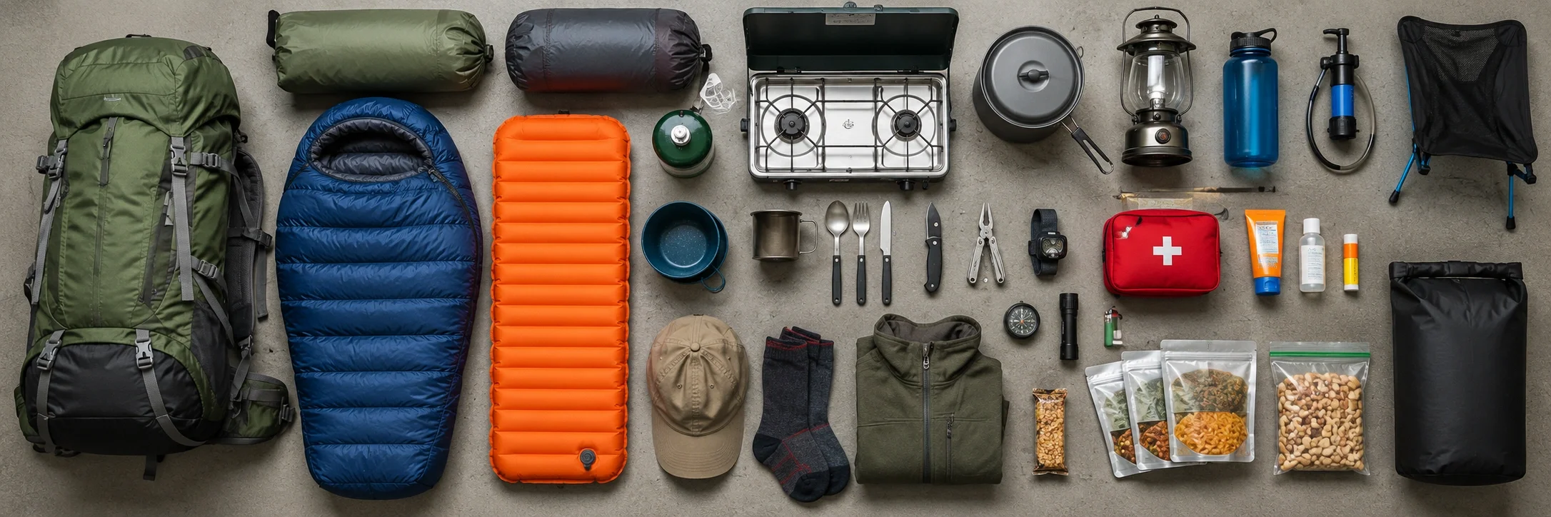 Complete camping essentials laid out on a table for packing checklist