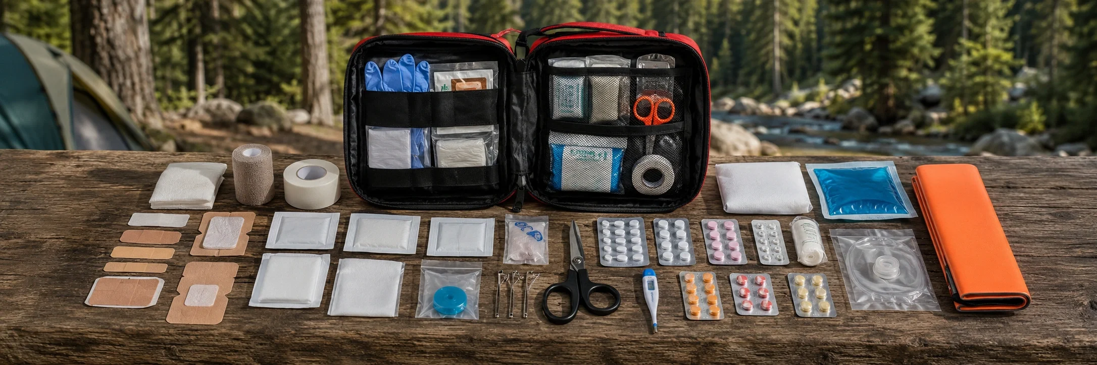 Comprehensive camping first aid kit opened showing bandages, antiseptic, medications and emergency supplies