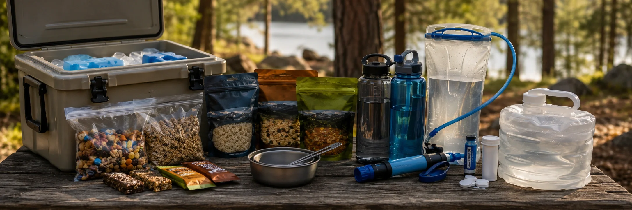 Camping food water and hydration supplies including water filter cooler and meal prep items
