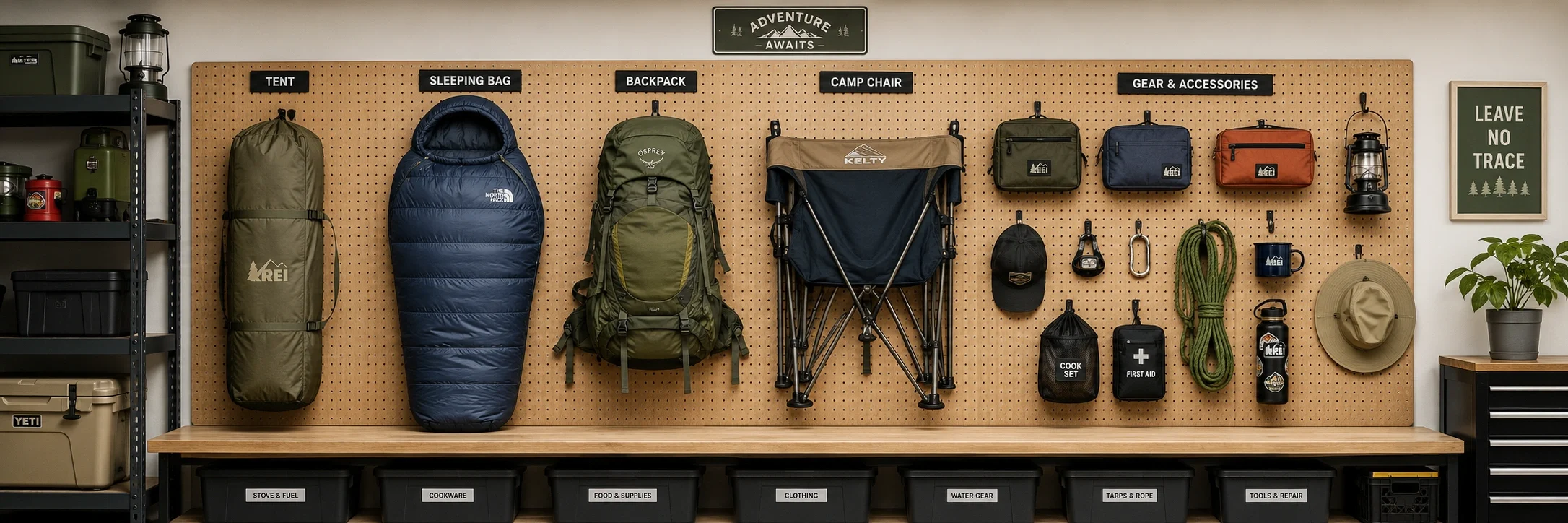 Complete organized camping gear collection hanging on a wall with categories labeled