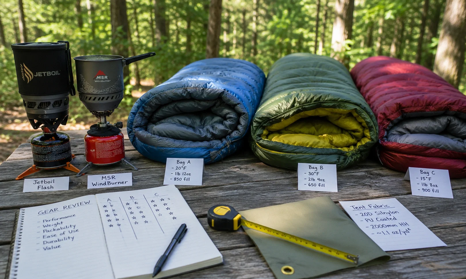 CampLifeEssentials team testing camping gear in the field, taking notes and comparing products side by side