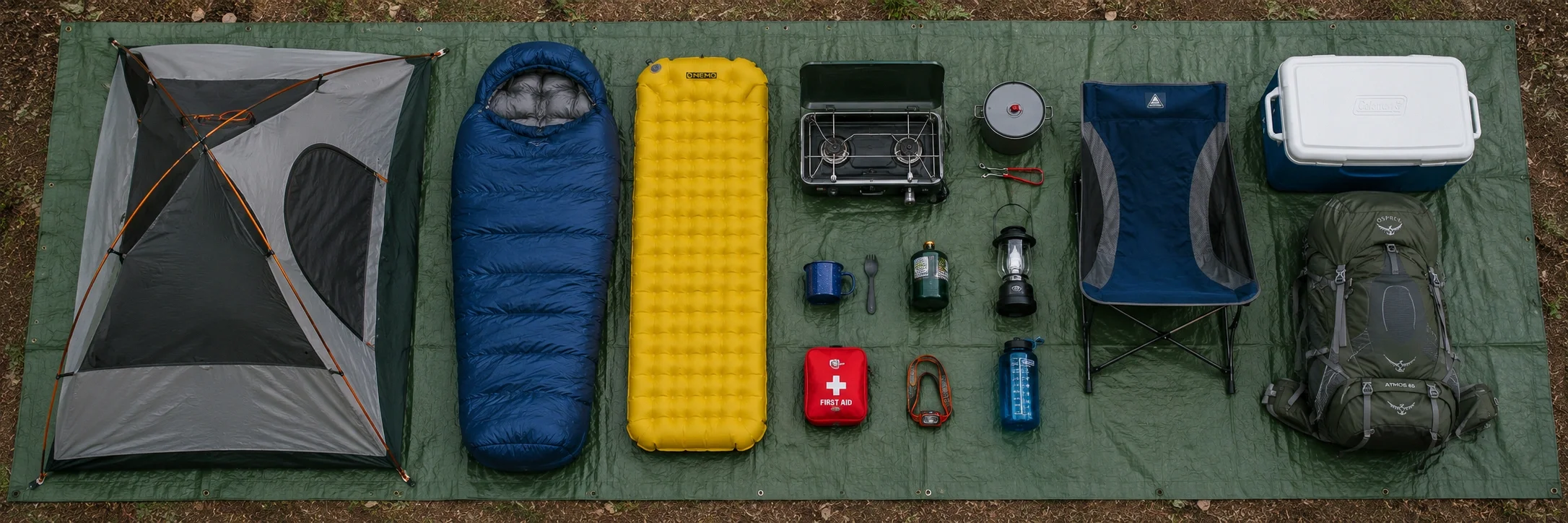 Complete camping gear spread including tent stove sleeping bag cooler and backpack organized for a trip