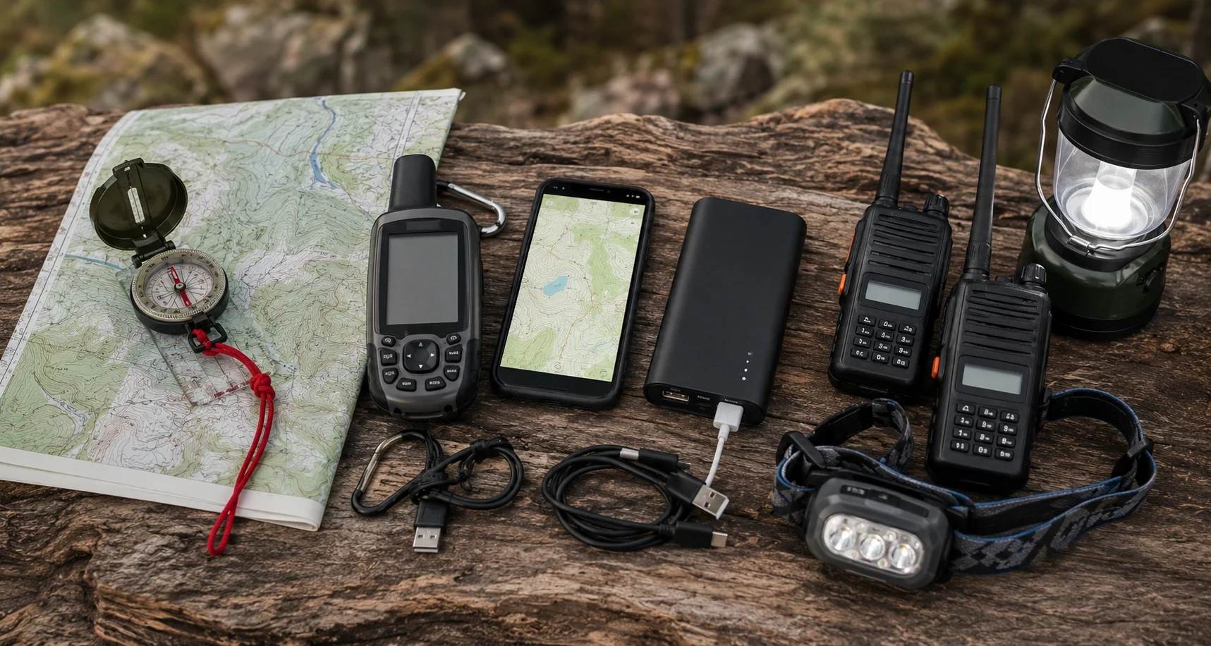 Camping navigation and technology gear including GPS power bank headlamp and two-way radio