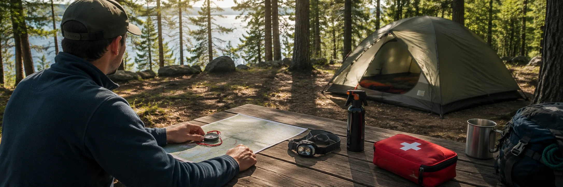 Camper reviewing safety equipment at campsite with first aid kit and map spread on table