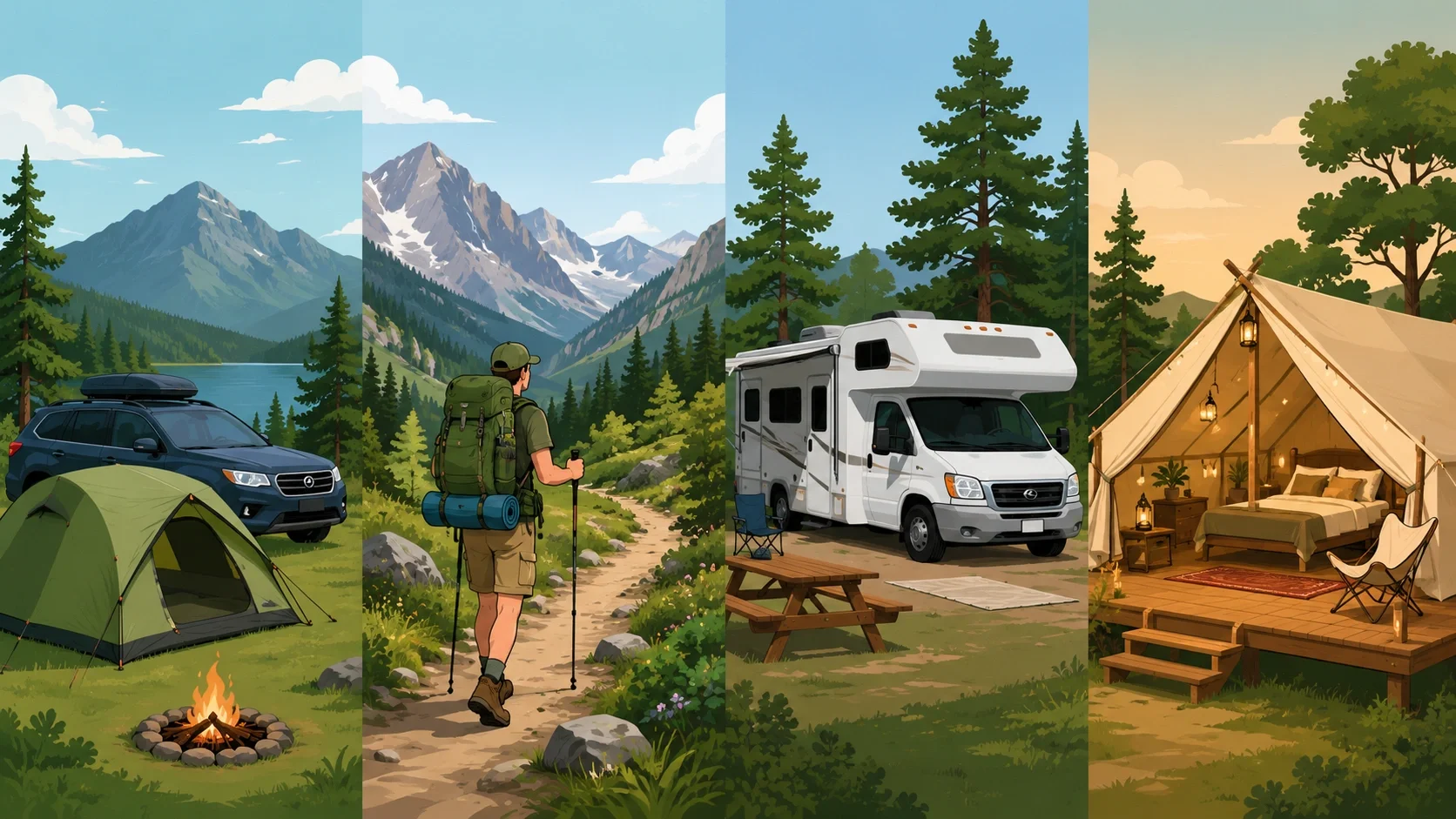 Illustration showing different camping styles including car camping, backpacking, RV camping, and glamping side by side