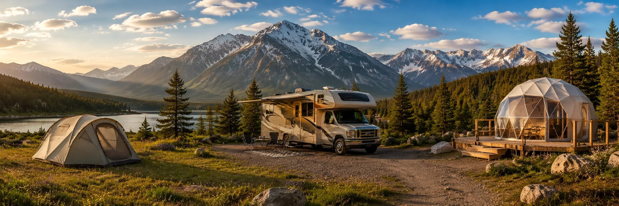 Panoramic view of different camping setups from tents in meadows to RVs at mountain campgrounds showing the variety of outdoor experiences