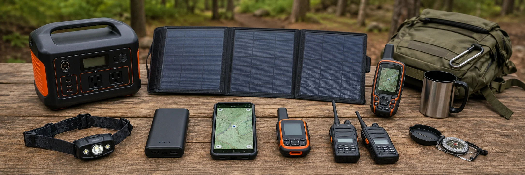Complete camping technology gear setup including power station, GPS, and solar panel
