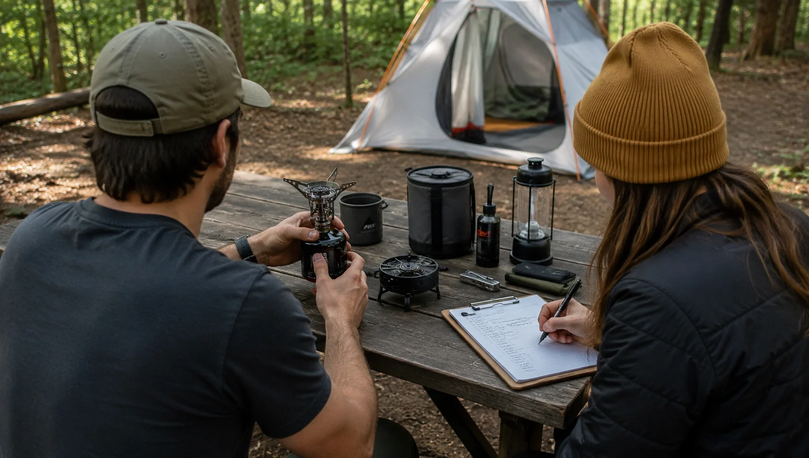Founders of CampLifeEssentials reviewing camping gear at their outdoor testing area