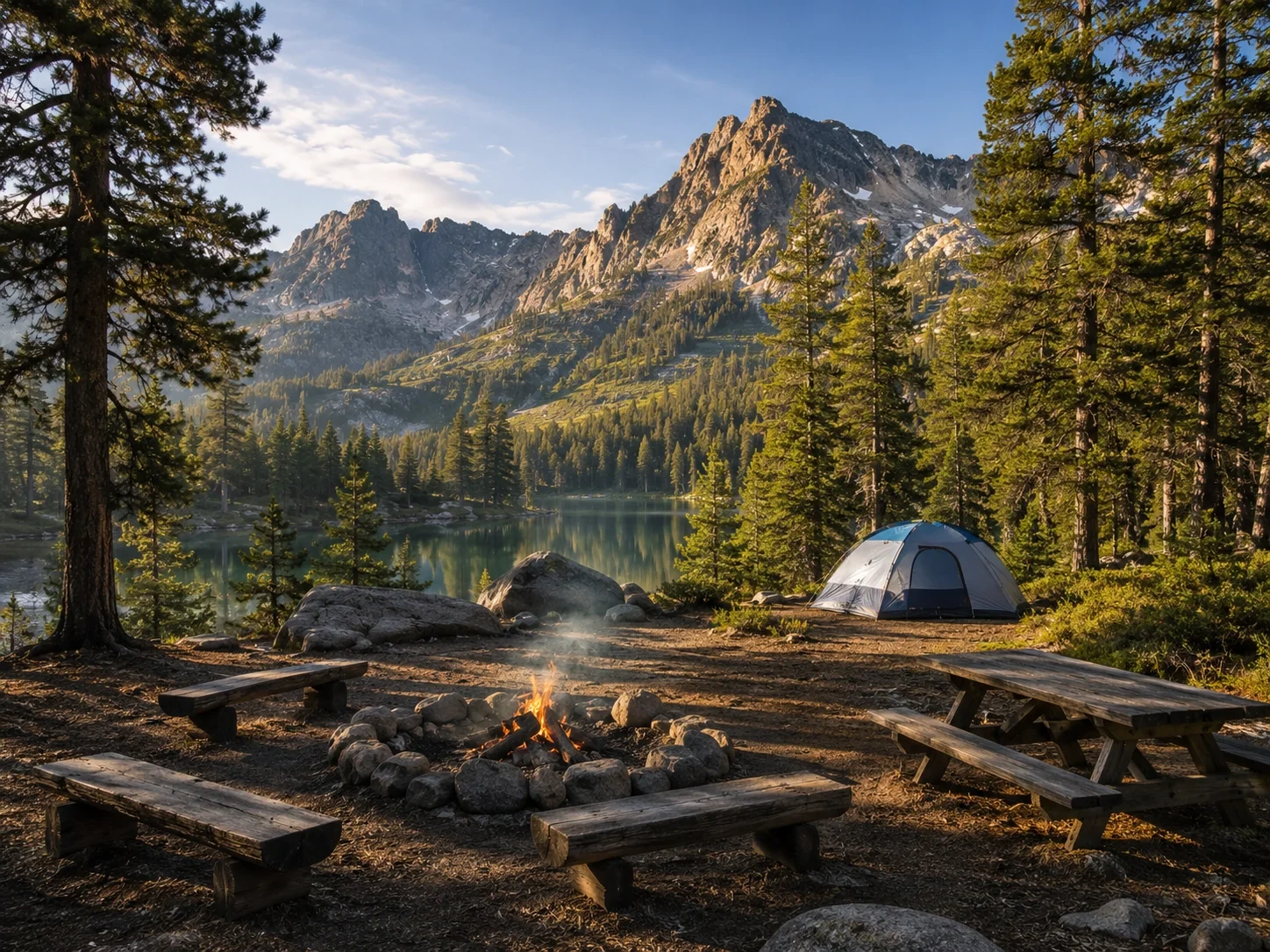 Panoramic view of a scenic campsite surrounded by pine trees and mountains