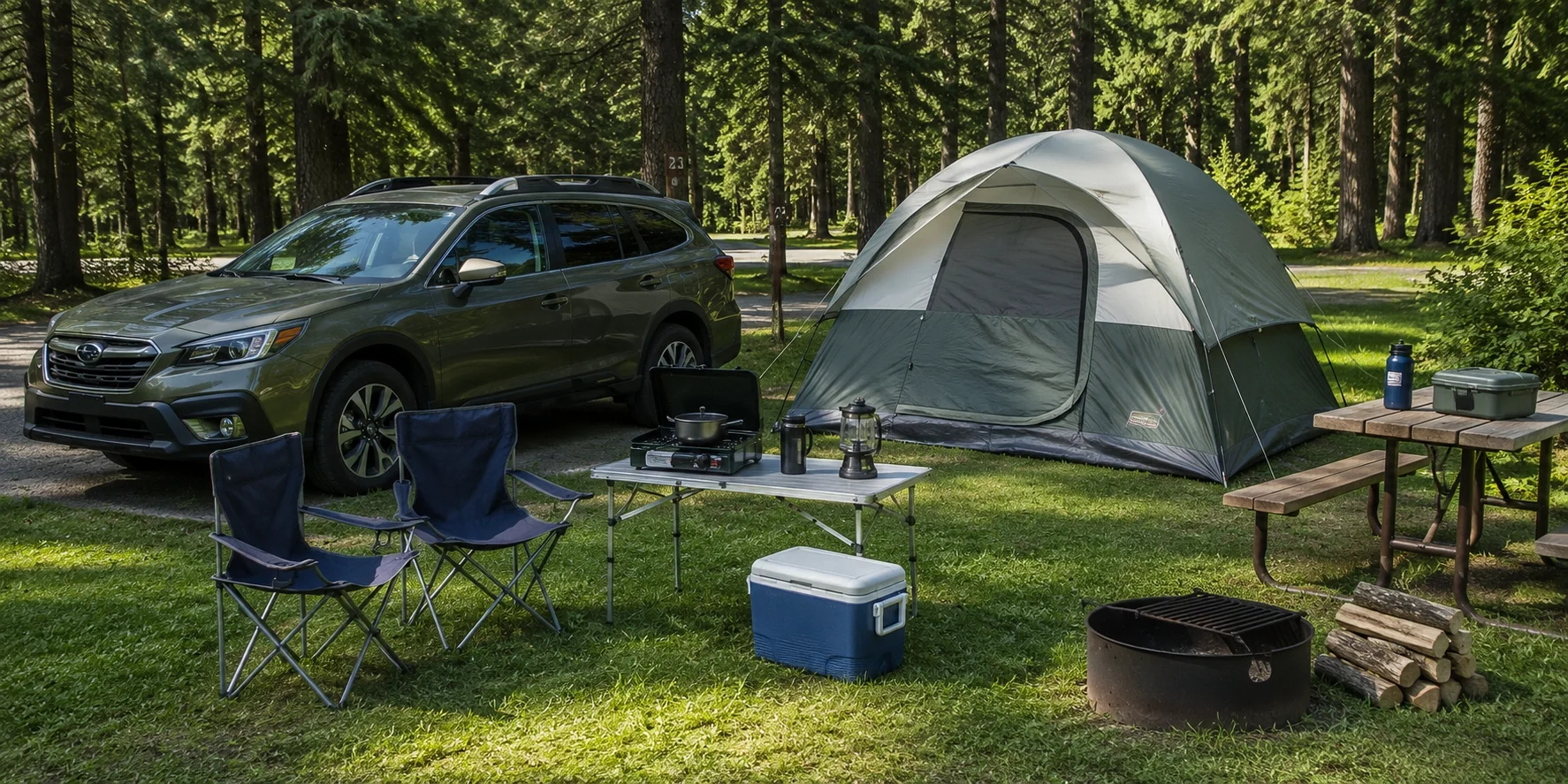Easy car camping setup at a developed campground with tent, chairs, and table ready for a beginner