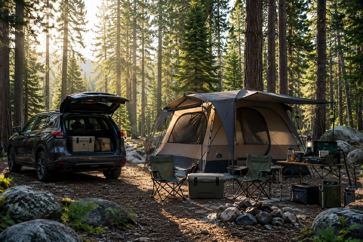 Car parked at a campsite with tent set up nearby, gear organized at the campsite