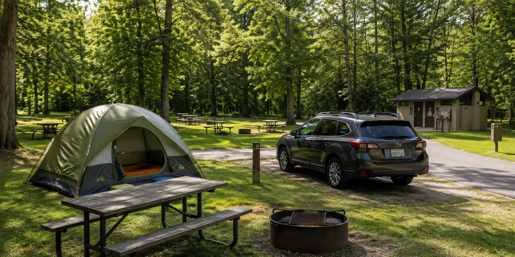 Beginner-friendly developed campground with level grass sites, picnic tables, and clean restroom facilities nearby
