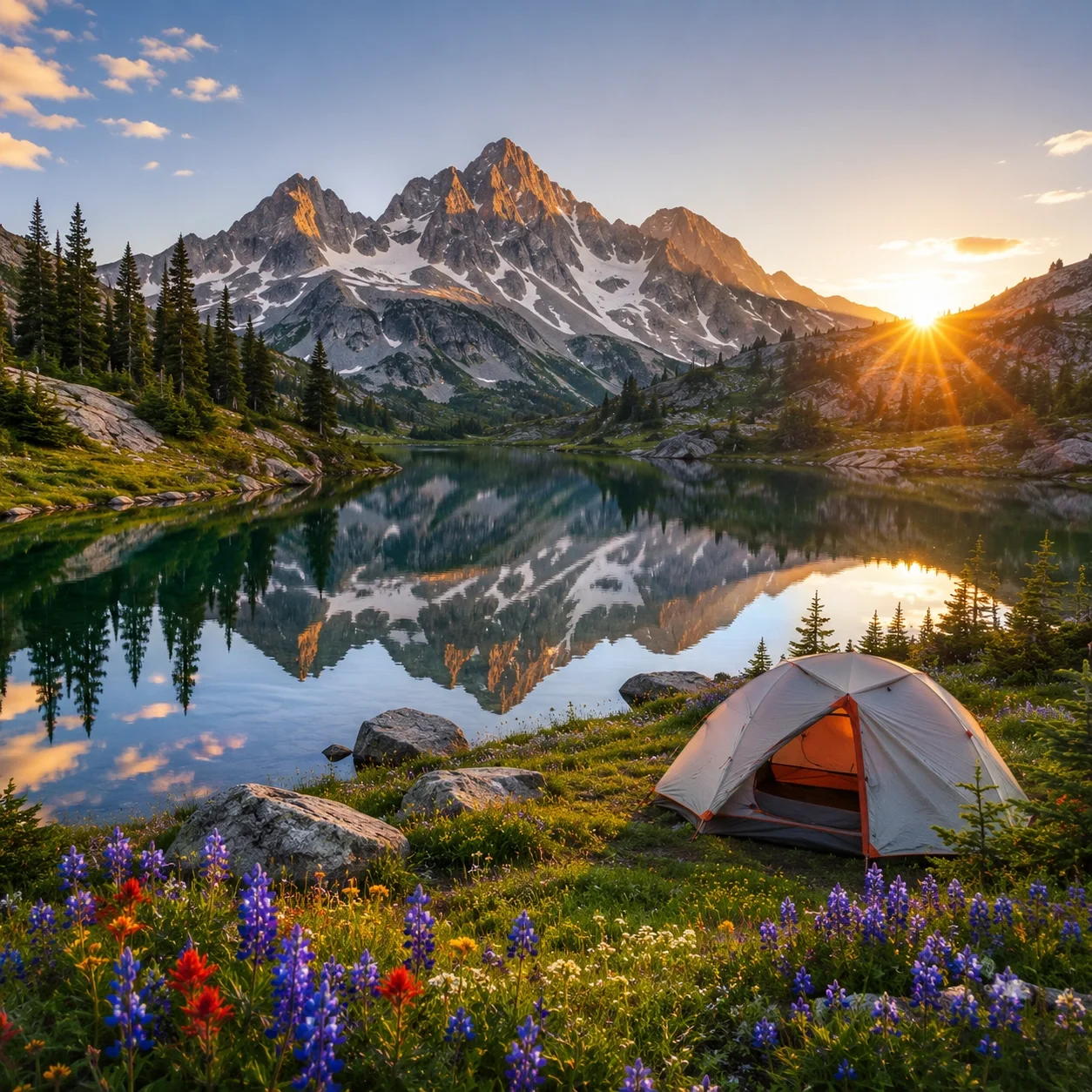 Colorado mountain camping with tent and alpine lake at sunrise