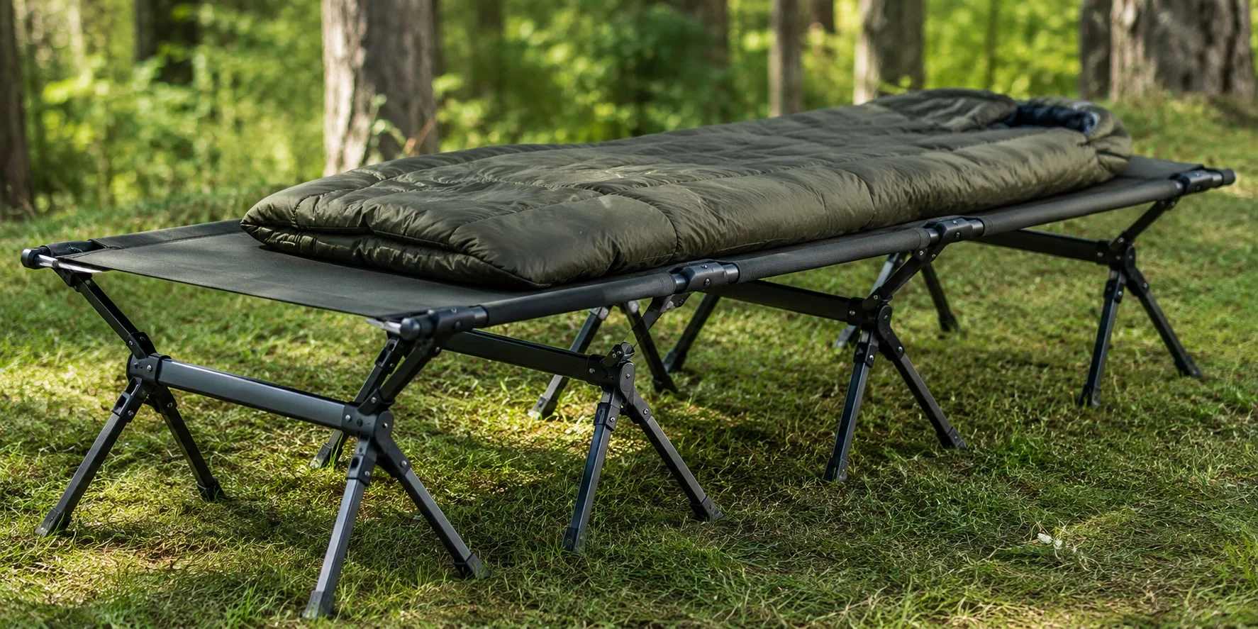 Foldable camping cot bed with fabric stretched over metal frame