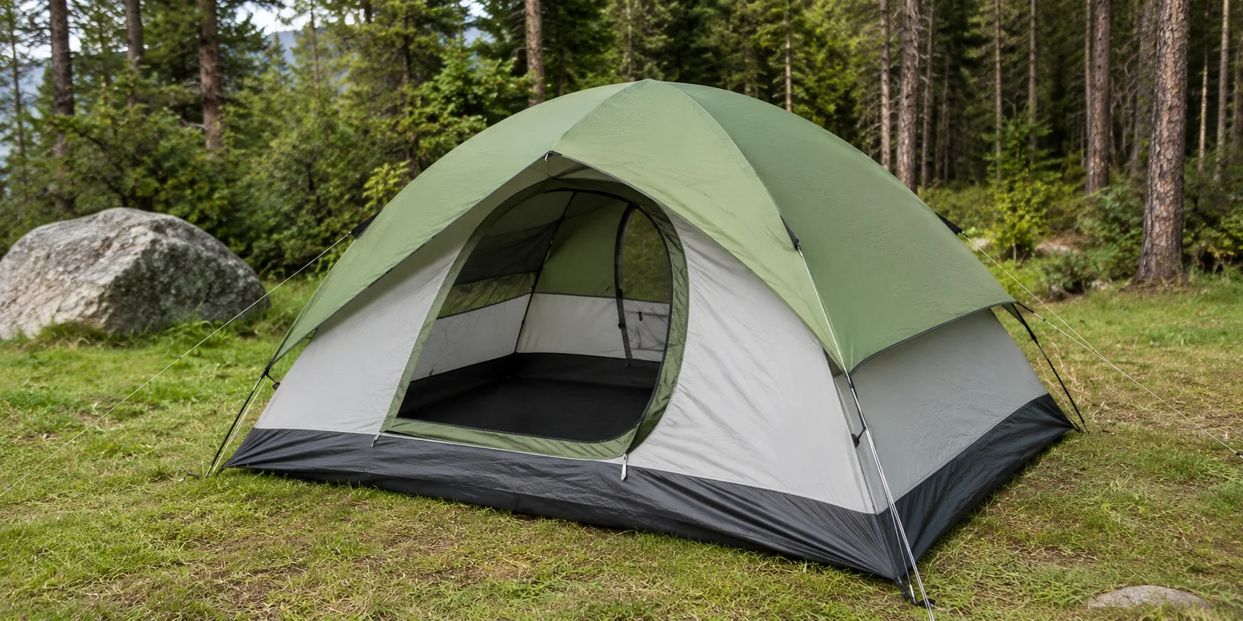 Dome camping tent set up at a campsite with rainfly attached