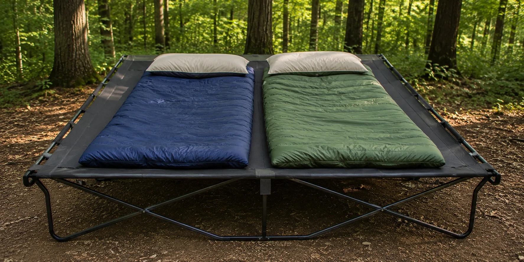 Double wide camping cot designed for two people sleeping together
