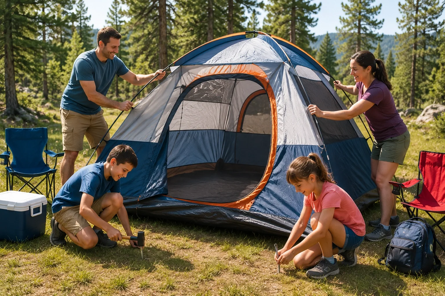 Family with children setting up camp together, kids playing near tent at a scenic campground