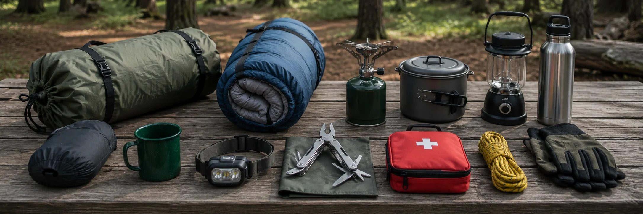 Various camping gear laid out including tent, sleeping bag, stove and backpack