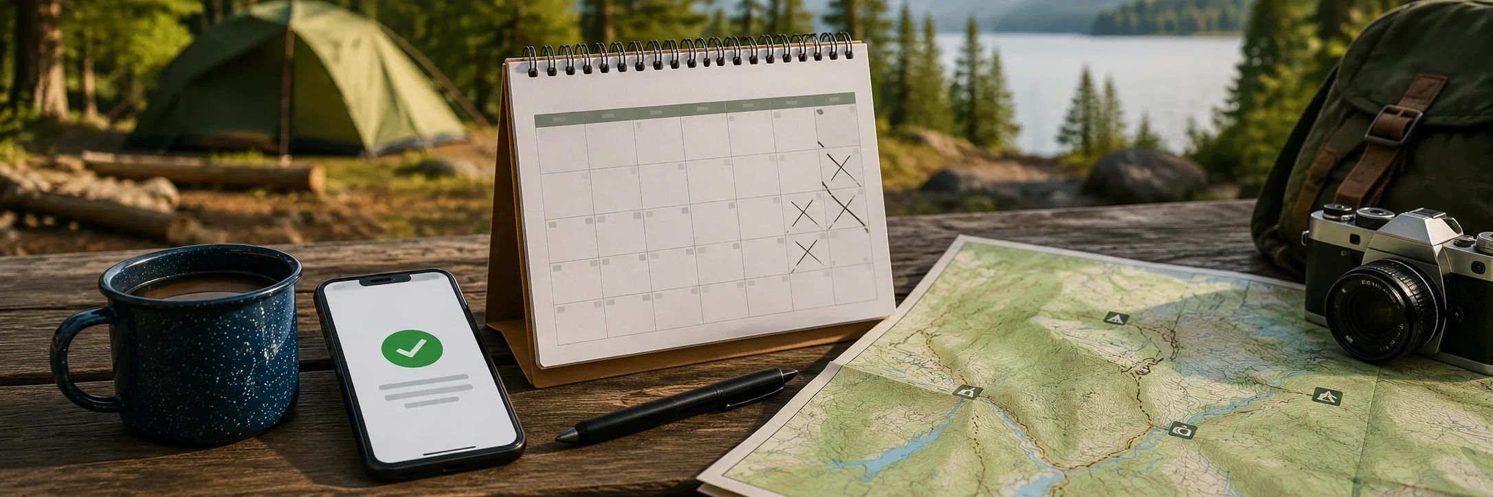 Calendar and map on a campsite table used for planning a camping trip