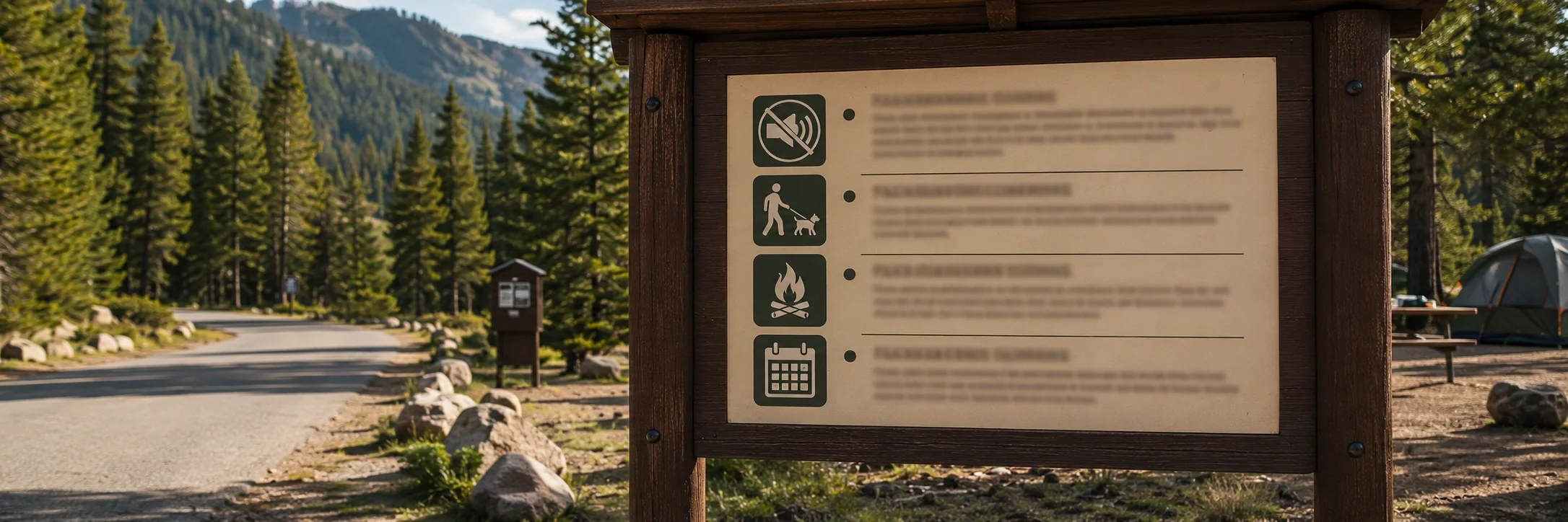 National park rules and regulations signboard at a campground entrance