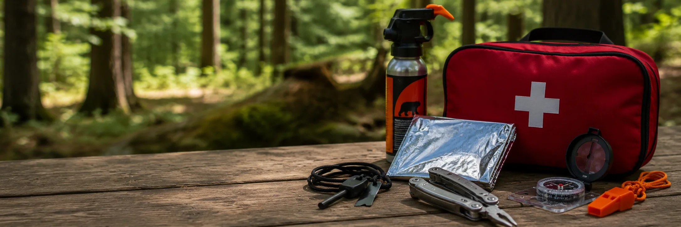 Camping first aid kit and safety equipment on a wooden table at campsite