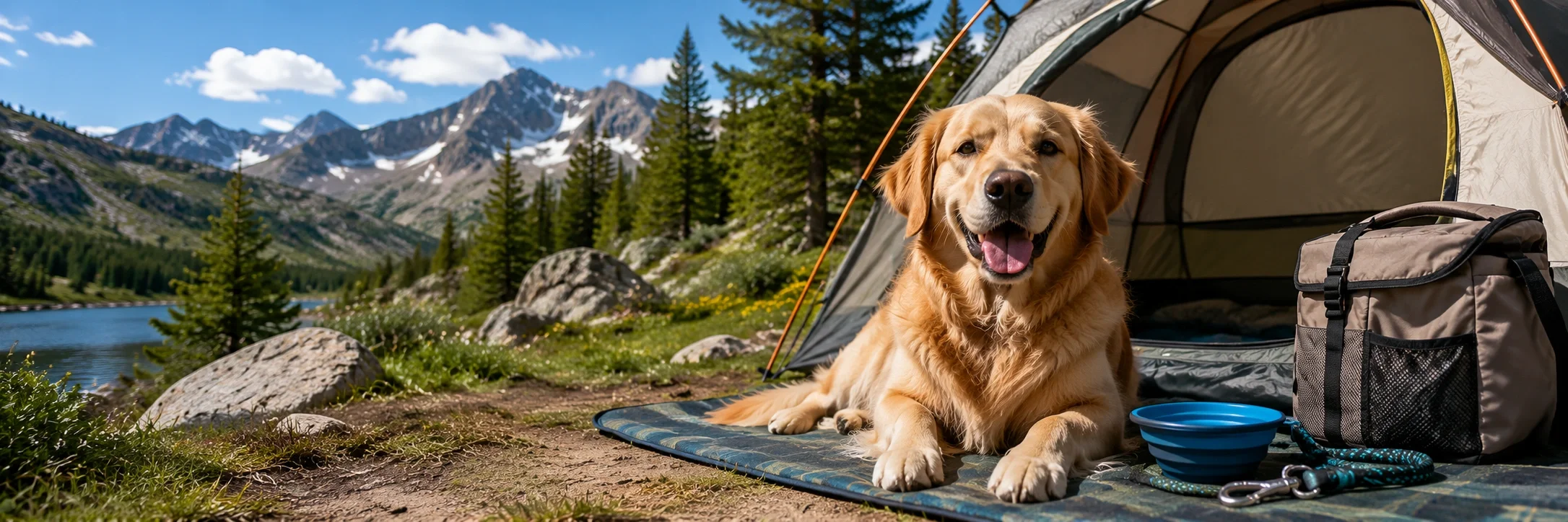 Happy dog resting at a campsite with a tent and mountain scenery in background