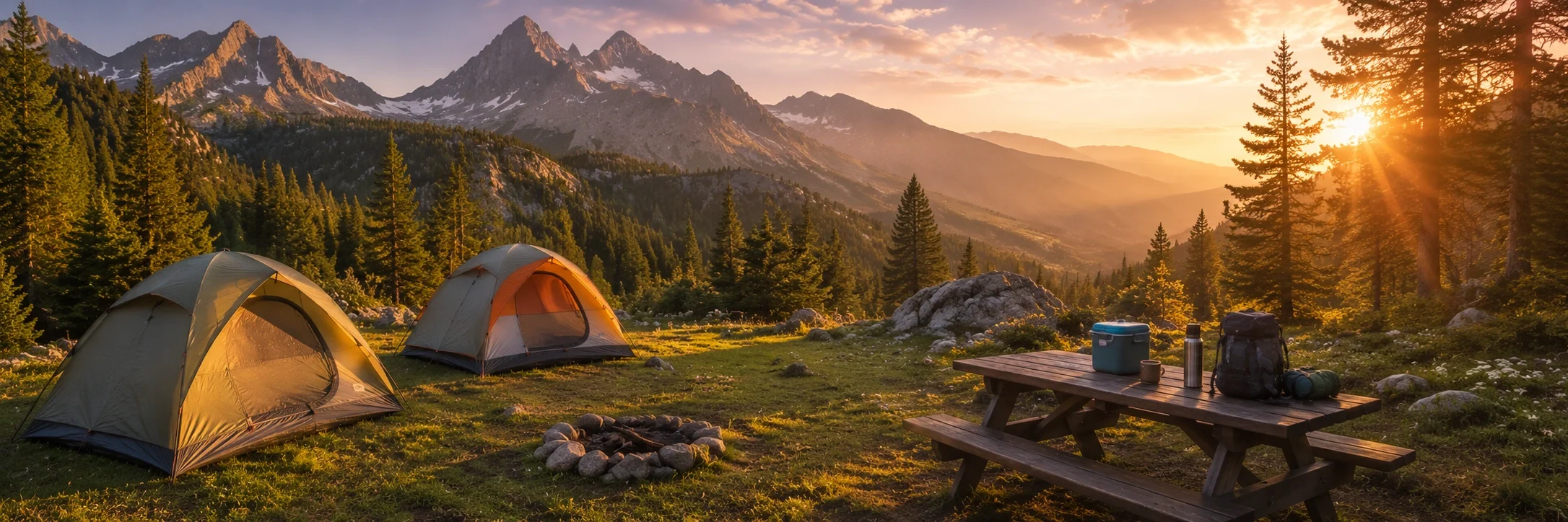 Campers at a scenic campsite with tents and mountain views