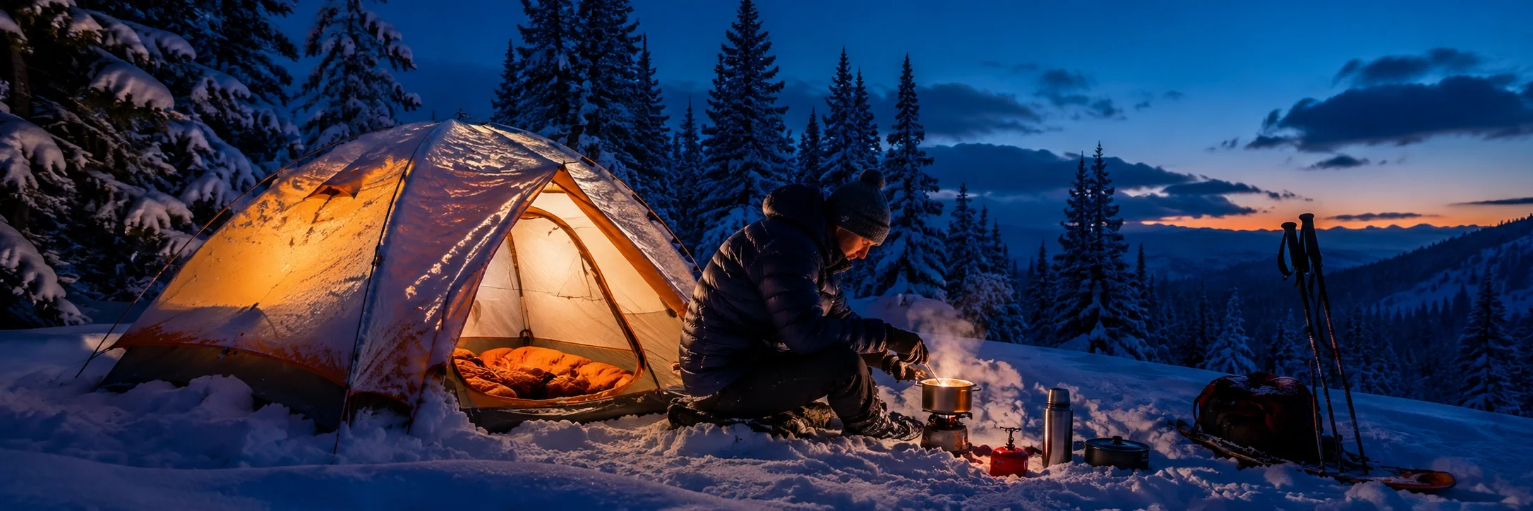 Winter campsite with snow-covered tent and warm glow from inside at dusk